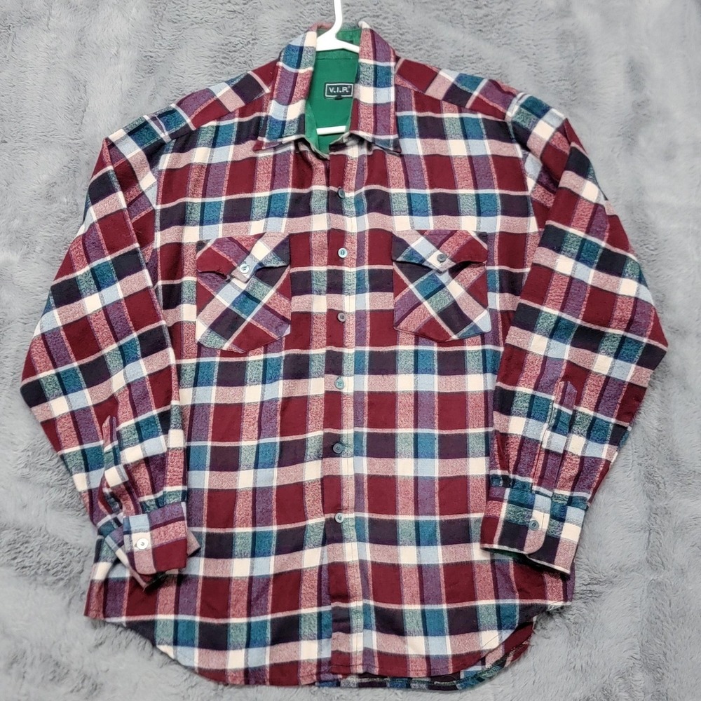 Vintage V.I.P. Shirt Mens Large Red Plaid Acrylic Flannel Button Shacket 90s